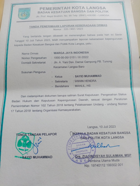 Ormas WJI DPD II Kota Langsa Sah Di Daftarkan Ke Kesbangpol